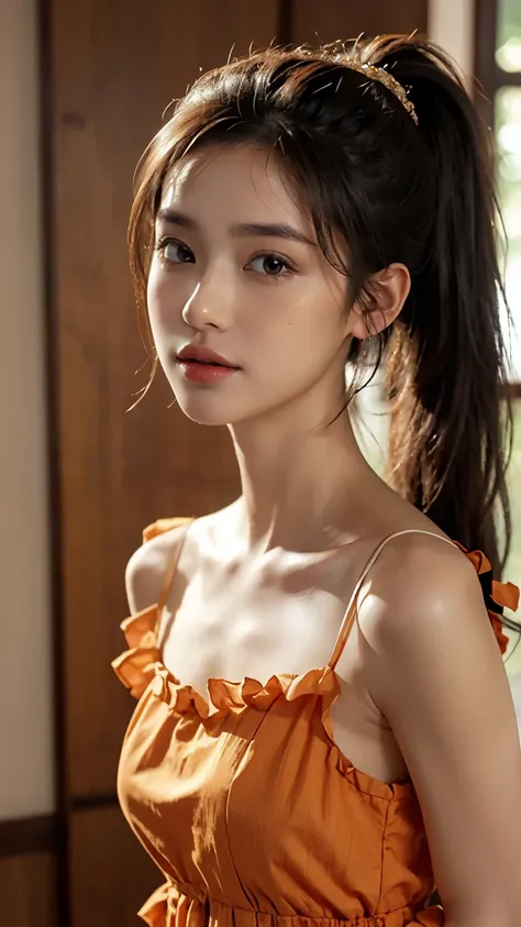 Orange colored long dress with lots of ruffles, softly shaped skirt,Spotlight on stage,close-up of face, One woman,fully body photo,masutepiece, The highest image quality, High quality, the background is clear，Beautiful woman, Japanese, Detailed, Detailed ...