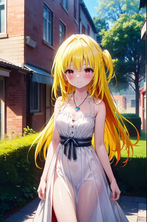 toloverumy, my, (yellow hair:1.5), Long Hair, (Red eyes:1.5), smile,blush, Embarrassing,White headband,Long Straight Hair,Long skirt integrated sleeveless dress,Heart Necklace,Bare arms,Bare neck cute sandals,True Summer,Daytime,
break outdoors, garden,
br...