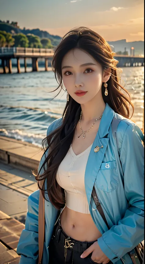 A girl,big eyes,White skin,Brown-gray wavy hair,earrings,necklace,Black shirt and light blue jacket,Melancholy expression,The background is by the sea,There is a bridge in the distance,Brown eyes,eyelash,Lipstick,necklace,Looking at the audience,The delica...