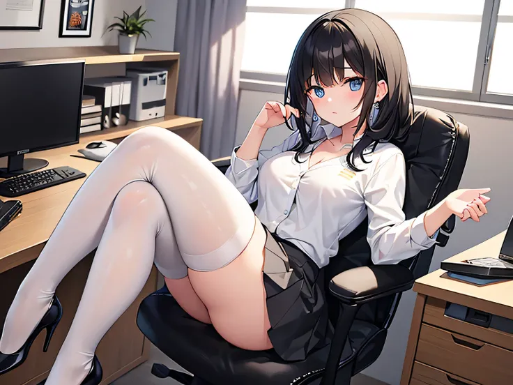 (Masterpiece, top quality, high resolution, realistic photo, realistic looking skin:1.1),
(The woman is sitting cross-legged in an office chair at her position desk:1.5),
(She is working at her desk normally: 1.8),
(She is expressionless: 1.5),
(She is wea...