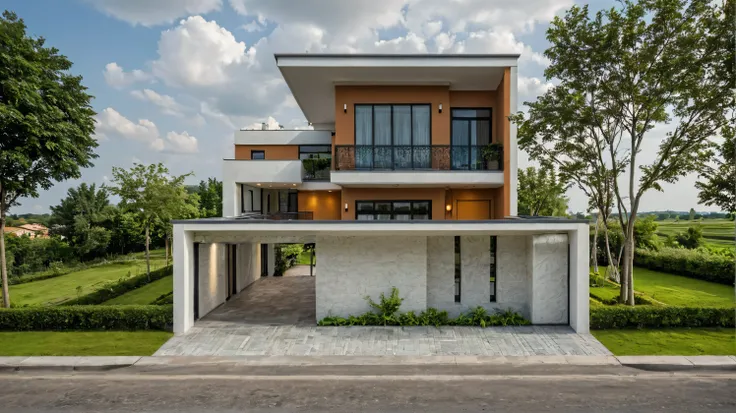 Raw photo, Masterpiece, high quality, best quality, authentic, super detail, outdoors, onestoreyvillaXL, aiaigroup, house style modern on the street ,stairs, white wall ,road,pavement, grass, trees, sky, cloud, (daylight:1.1)