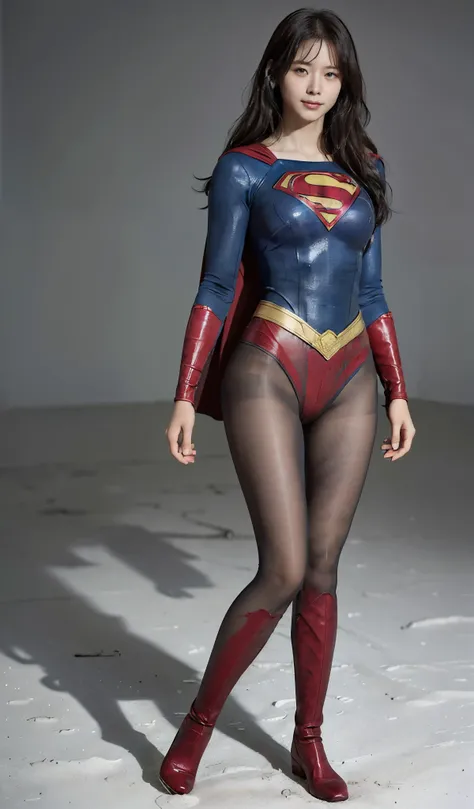 No background、(((Beautiful legs in black tights.)))、(((Legally express the beauty of your smile)))、((((Make the most of your original images)))、(((Supergirl Costume)))、(((Beautiful Hair)))、(((suffering)))、(((Please wear black tights....、Wear red boots)))、(...