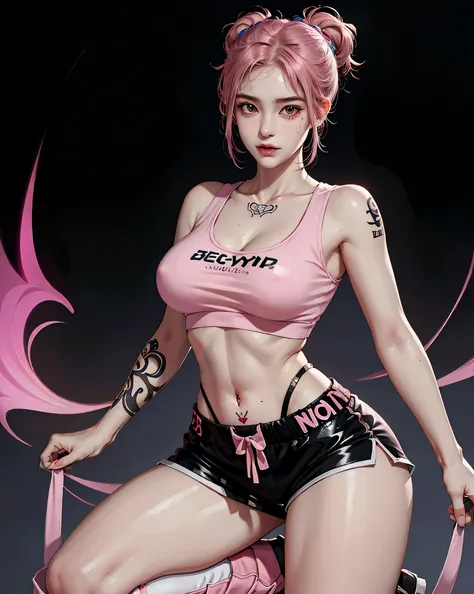 Perfect Style, Beautiful Face, Highly detailed face and skin texture, (Maximum resolution: 1.2), 1 female, alone, Hip Up, jewelry, (((Has a lot of tattoos all over his body)), Streetwear, Sports Bra, Pink Hair, Shorts, sports boots, (((Narrow waist))), ((B...