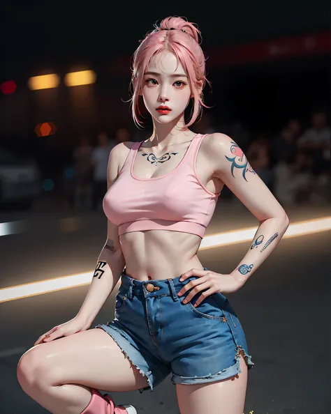 Perfect Style, Beautiful Face, Highly detailed face and skin texture, (Maximum resolution: 1.2), 1 female, alone, Hip Up, jewelry, (((Has a lot of tattoos all over his body)), Streetwear, Sports Bra, Pink Hair, Shorts, sports boots, (((Narrow waist))), ((B...