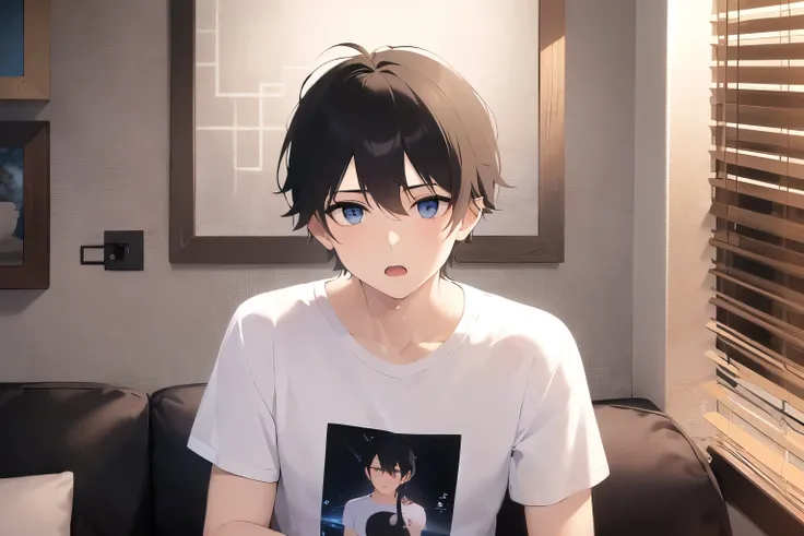  cinematic angle, Upper body, masterpiece、highest quality、(alone:1.5)、(25-year-old male:1.5) and (Black short hair) and (blue eyes), (White T-shirt:1.5)、Sitting、serious, open mouth, The background is the living room、Bold composition