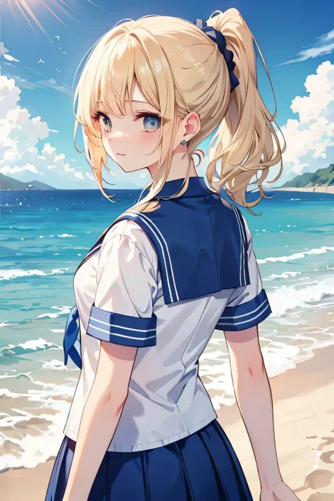 ((highest quality)), ((masterpiece)), (detailed), Perfect Face、Sandy Beach、Sailor suit、Short sleeve、Blue Skirt、blonde、ponytail、Earrings、look back、arm