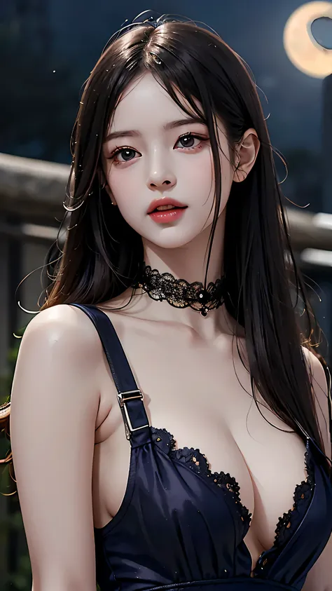 Beautiful girl with realistic black eyes, Pale skin, Long black hair, Perfect Face, Perfect Eyes, ((Deep neckline tight lace dress)) Very detailed, The whole movie, Digital Painting, 8k, Cinema Lighting, (((Revealing clothing)))，Big Breasts，choker(Uhd, ret...