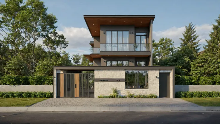 Raw photo,Masterpiece, high quality, best quality, authentic, super detail,
exterior, outdoors, house style modern on the street, glass windows, gate, wooden ceiling,
road,pavement, trees, sky, cloud, (daylight:1.1)