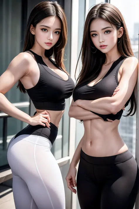 （（Best quality，4K，masterpiece：1.3）），Beautiful woman with perfect body：1.4，（Vest line，Muscular hands:1.2），Dark brown hair，，White yoga pants，Soaked，Gym，Highly detailed face and skin textures，Delicate eyes，Double eyelids，