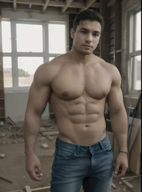 Thiago, constructor, working at a construction site, cuerpo musculoso, detallado, detallado body, Big muscular body, jeans  