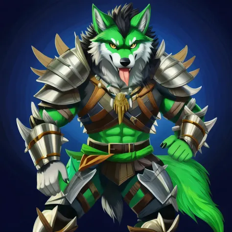 (masterpiece, best quality:1.2), male, solitary, wolf, wearing clothes, armor, looking at the audience, smile, friendly smile, y...