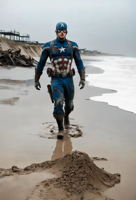 a from behind photograph of a crawling zombie, looking back at camera, grinning, tattered captain america uniform, dragging its ...