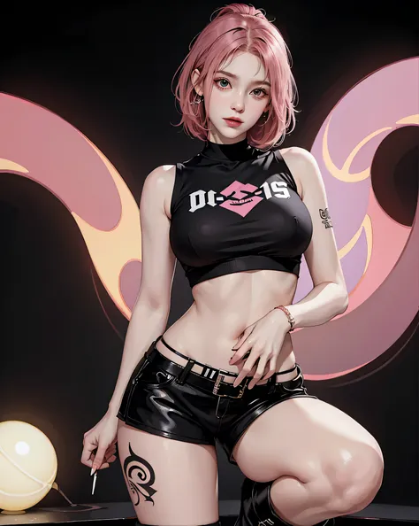 Perfect Style, Beautiful Face, Highly detailed face and skin texture, (Maximum resolution: 1.2), 1 female, alone, Hip Up, jewelry, tattoo, Streetwear, T-Shirts, Pink Hair, Shorts, sports boots, (((Narrow waist))), (Big Breasts)