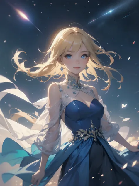 Masterpiece, Top Quality, High Resolution, Super Dimensional Face, Cute Eyes, Very Beautiful Girl in Long Blue Dress Anime Character, One Beautiful Girl, Long Dress, Solo, Blue Dress, (Bob-cut Hair:1.1), Amber Eyes, Gazing, Blonde Hair, ((Hair Fluttering i...