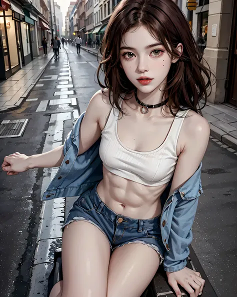 ((Medium Chest, Long Hair, Small Head)), Dawn, sunlight, (defined abs: 1.1), (Perfect body: 1.1), (Short Wavy Hair: 1.2), Auburn Hair, collar, Lock, Full body photo, shabby street, Wearing a black tank top, Denim jacket, ((Shorts)), (Highly detailed CG 8k ...