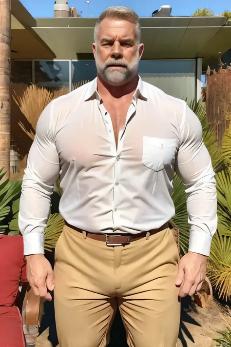 age 60, white man police detective with a mature, kind demeanor, strong and muscular yet chubby build, wearing dress pants and a buttoned-open translucent shirt that reveals a hairy chest and a noticeable bulge, giving off a hint of a horny yet disgusting ...