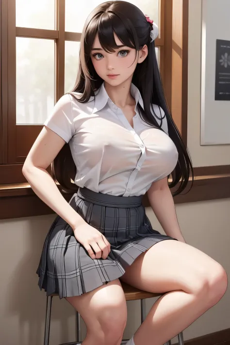 shirt(masterpiece:1.2, highest quality), (realistic, photorealistic:1.4), beautiful illustrations, looking at the viewer, full body, Front view:0.6, 1 girl, Japanese, high School girl, (long hair:1.5), blown hair, (half up, half updo), bangs, hair between ...