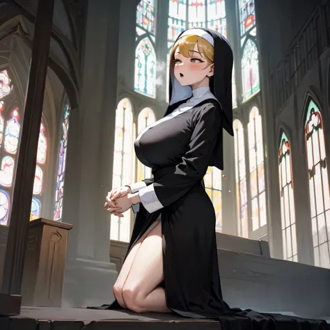 (solo:1.2), (1 praying skinny cute nun:1.3) standing in church, swinging back, (praying with holding hands together over chest:1.2), (tight sheer long black robe:1.6), (disproportionately gigantic breasts:1.3), (bursting perky breasts:1.3), (inconceivably ...