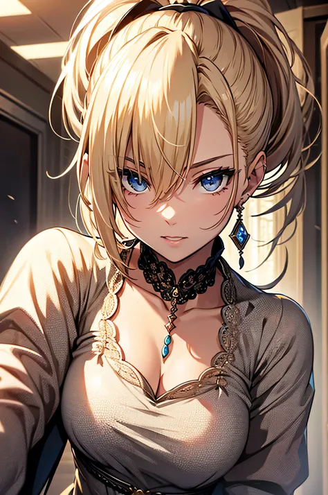 ((best quality)), ((masterpiece)), (detailed), perfect face、（turn around）、ponytail、blonde、Earrings、necklace、dress、Ballroom、