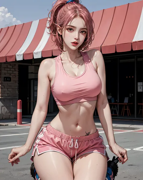 Perfect Style, Beautiful Face, Highly detailed face and skin texture, (Maximum resolution: 1.2), 1 female, alone, Hip Up, jewelry, tattoo, Streetwear, Sports Bra, Pink Hair, Shorts, sports boots, (((Narrow waist))), (Big Breasts)