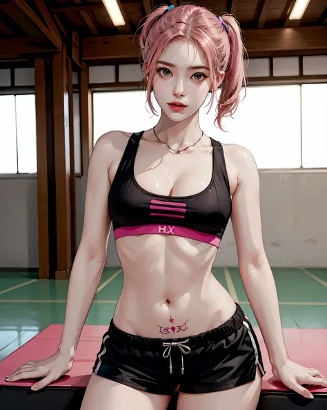 Perfect Style, Beautiful Face, Highly detailed face and skin texture, (Maximum resolution: 1.2), 1 female, alone, Hip Up, jewelry, tattoo, Streetwear, Sports Bra, Pink Hair, Shorts, sports boots, (((Narrow waist))), (Big Breasts)