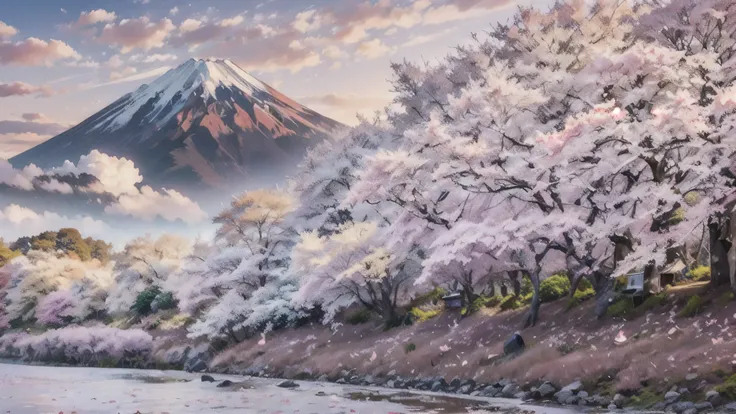 There are many pink trees along the river.、Mountains are visible in the background, mount Fuji Mountain on the background, mount Fuji Mountain in the background, Japanese Nature, Cherry tree, mount Fuji Mountain, lush Cherry tree, mountain Fuji Mountain on...