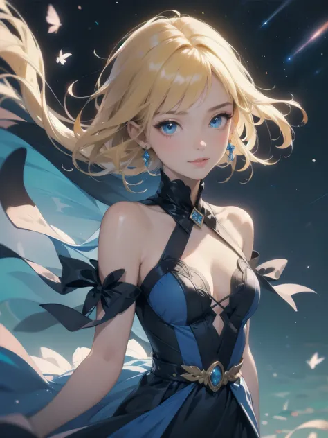 Masterpiece, Top Quality, High Resolution, Super Dimensional Face, Cute Eyes, Very Beautiful Girl in Long Blue Dress Anime Character, One Beautiful Girl, Long Dress, Solo, Blue Dress, (Bob-cut Hair:1.1), Amber Eyes, Gazing, Blonde Hair, ((Hair Fluttering i...