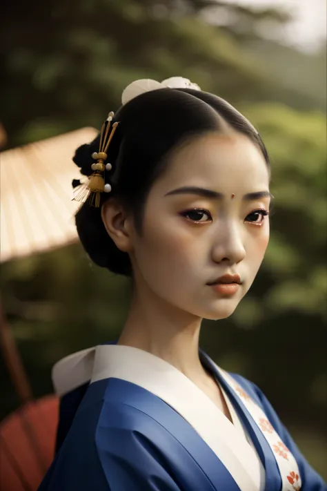 Kioto, 1935. A young ((((15-year-old)) Sayuri)), strikingly beautiful, delicate facial features, porcelain skin, expressive eyes, posing for a portrait, serene expression, ((artistic portrait)), ((((geisha clothings from the 1930s)))), ((geisha hairstyle o...