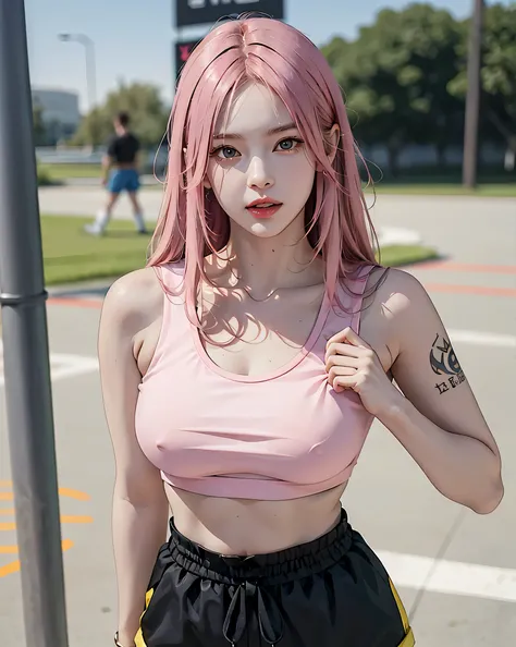 Perfect Style, Beautiful Face, Highly detailed face and skin texture, (Maximum resolution: 1.2), 1 female, alone, Hip Up, jewelry, tattoo, Streetwear, Sports Bra, Pink Hair, Shorts, sports boots, (((Narrow waist))), ((Big Breasts))