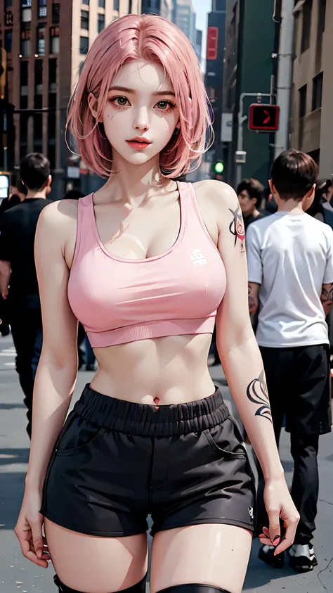 Perfect Style, Beautiful Face, Highly detailed face and skin texture, (Maximum resolution: 1.2), 1 female, alone, Hip Up, jewelry, (((Has a lot of tattoos all over his body)), Streetwear, Sports Bra, Pink Hair, Shorts, sports boots, (((Narrow waist))), ((B...