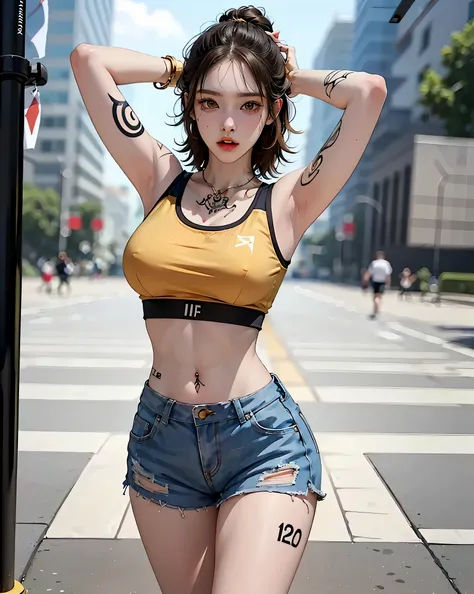 (NSFW:0.7), Perfect Style, Beautiful Face, Highly detailed face and skin texture, (Maximum resolution: 1.2), 1 female,Hip Up, jewelry, (((Has a lot of tattoos all over his body)), Streetwear, Sports Bra, Golden Hair, Shorts, sneakers, (((Narrow waist))), (...