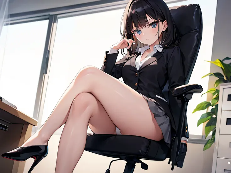 (Masterpiece, top quality, high resolution, realistic photo, realistic looking skin:1.1),
(The woman is sitting cross-legged in an office chair at her position desk:1.5),
(She is lecturing me with her legs crossed and her panties are visible: 1.8),
(She is...