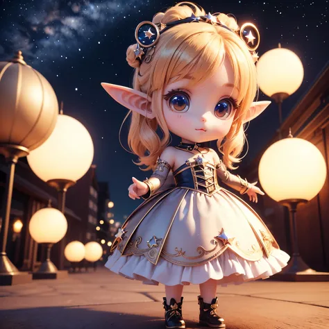 Cute Baby Chibi Anime、(((chibi3d))) (best quality), (masterpiece)、Chibi Elf、Small face、 body、Jewelry Decoration Costumes、The background is a night sky with stars shining in the galaxy、Standing、Have a glowing ball in the shape of a star