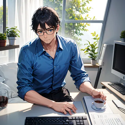 A man in his 30s wearing glasses　Blue shirt　Operating your computer　Stylish mugs　On the windowsill in the morning
