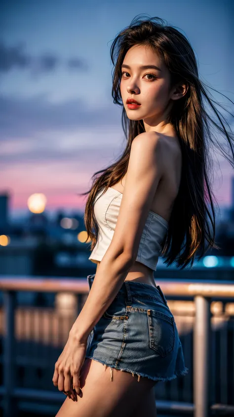 (1girl), russian, solo, long_hair, wearing(denim-strapless-shirt, white-miniskirt), photo(medium-shot), portrait, standing, pov, blurry_background, background(night, tower, rooftop, nightlight), (photorealistic, absurdres, best_quality:1.55),