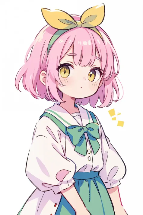 Young woman, White and pink hair, light green bow on head, yellow eyes, white clothes, winks, Simple background.
