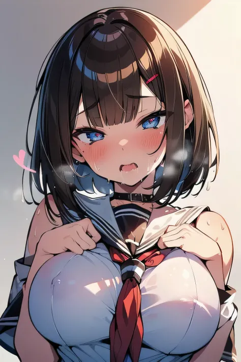 (best quality), (Super detailed), (Best Illustration), (nsfw), (1woman), (Ahegao:1.2), look at viewer, (white serafuku), (large breasts), {brown hair, (bob cut:1.2), curly hair, hairs between eyes}, {(detailed eyes), heart-shaped pupils, blue eyes}, sweat,...