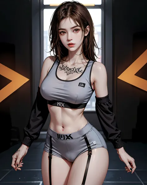 Perfect Style, Beautiful Face, Highly detailed face and skin texture, (Maximum resolution: 1.2), 1 female, alone, Hip Up, jewelry, (((Has a lot of tattoos all over his body)), Streetwear, Sports Bra, Golden Hair, panties, sports boots, (((Narrow waist))), ...