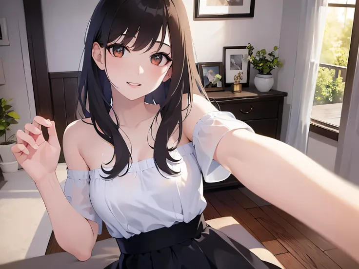 selfie, outstretched arms, looking up, pov, Upper Body, Realistic, real person, (pale skin: 1.2), RAW photo, photorealistic, portrait photography, shiny skin, shiny hair、(25 year old woman with medium hair with bangs) and (wavy hair) and (brown hair) and (...