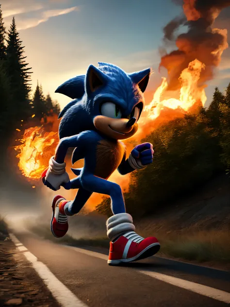 best quality,high quality,photo,
sonic_the_hedgehog running in a road, forest on fire with a meteorite on the sky background,out...