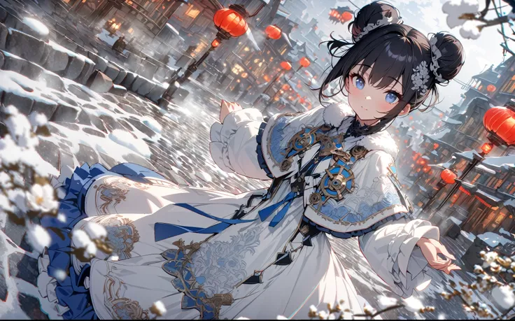 (beautiful girl, solo), black hair, double bun, detailed blue eyes, white and blue gothic dress with intricate embroidery, frilled sleeves, fur, capelet, steampunk city, red lantern, (snow), winter, cobblestone road, best shadows, [white flowers], fog, dut...