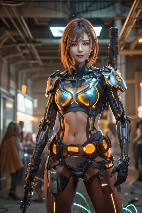 Glowing cyber girl with cybernetic arm,(See-through costume:1.3, )Stand on the post-apocalyptic battlefield.Surrounded by a network of wires. surrounded by circuits. (Cyber girl with a submachine gun:1.3), Shiny light brown and orange striped short hair,Cu...