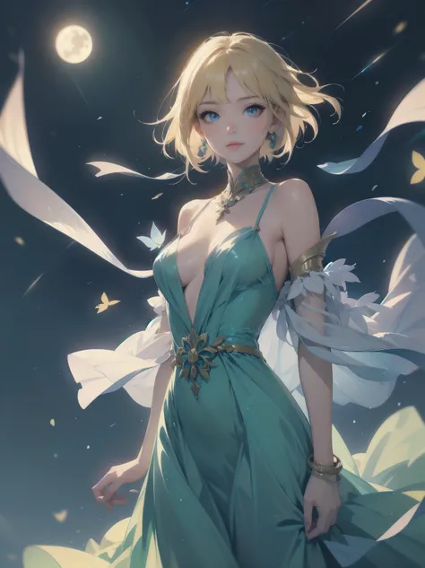 Masterpiece, Top Quality, High Resolution, Super Dimensional Face, Cute Eyes, Very Beautiful Girl in Long Blue Dress Anime Character, One Beautiful Girl, Long Dress, Solo, Blue Dress, (Bob-cut Hair:1.1), Amber Eyes, Gazing, Blonde Hair, ((Hair Fluttering i...