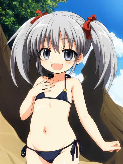 Silver Hair、Grey Eyes、Twin tails、、Flat Chest、Short、Micro Bikini、masterpiece、High resolution、highest quality、Detailed face、Anime Moe Art Style、abdomen、Belly button、Cowboy Shot、A big smile、Outdoor、healthy、Puffy nipples、anime best girl, cute anime girl、Beach、...