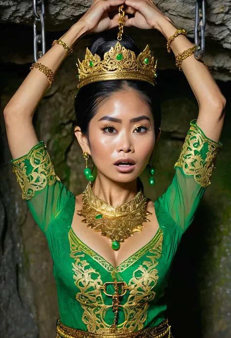 a Woman body bounded by shackles, weak, lifted hands, showing hairy armpits, wearing an green balinese kebaya with gold pattern, complete gold jewelry, wear gold supreme crown, expression of shame, weakness,  in the dungeon of cave