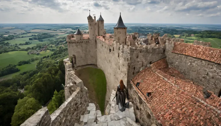 (ultra wide angle:1.5), fisheye lens photo, (from above),female knight, standing on rooftop of castle ,looking at viewer,  highly detailed medieval castle background,  photorealistic, best quality, masterpiece, , depth of field, on top of castle, ,