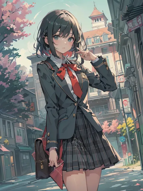 Top-High quality、Highest quality、masterpiece、High Contrast、Colorful、Elegance、Sexy expression、high school girl、Beauty、Bob cut braids、uniform、(red blazer)、Ribbon tie、(Green and gray plaid skirt)、(black tightovie-like shadows、fine shading、cute、Truly unbelieva...