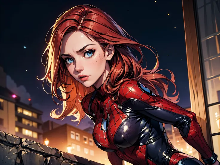 (best quality, masterpiece, colorful, dynamic angle, highest detailed) upper body photo, fashion photography of cute, (long red hair:1.3), Mary Jane Watson in spiderman suit, (ultrahigh resolution textures), in dynamic pose, bokeh, glowing wentricate detai...