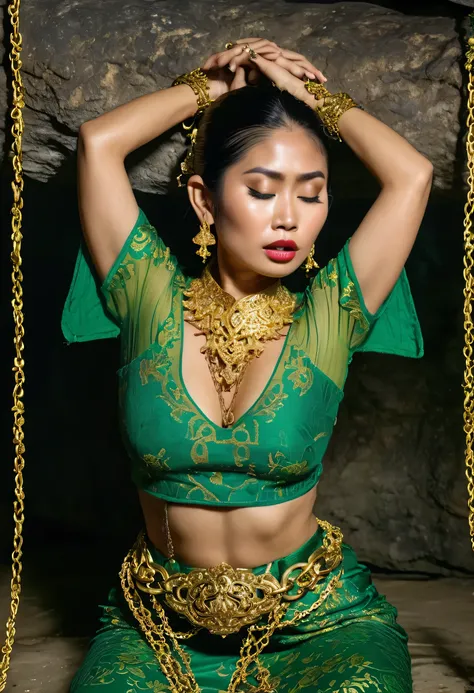 a Woman body bounded by shackles, weak, lifted hands, showing hairy armpits, wearing an green balinese kebaya with gold pattern, complete gold jewelry, wear gold supreme crown, expression of shame, weakness,  in the dungeon of cave