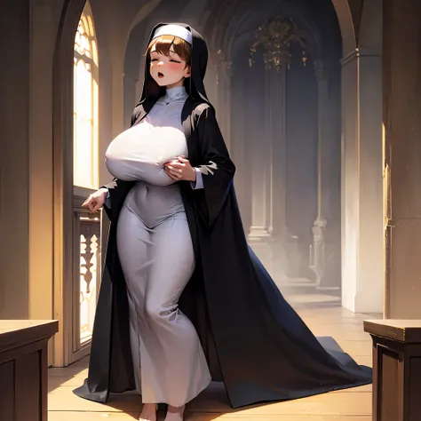 (solo:1.2), (1 praying skinny cute nun:1.3) standing in church, swinging back, (praying with holding hands together over chest:1.2), (tight sheer long black robe:1.6), narrow shoulders, (disproportionately gigantic breasts:1.3), (bursting perky breasts:1.3...